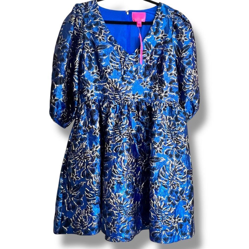 NWT Lilly Pulitzer CALYSSA DRESS Blue Grotto Twilight Floral Brocade Party Sz 16 - Picture 2 of 9